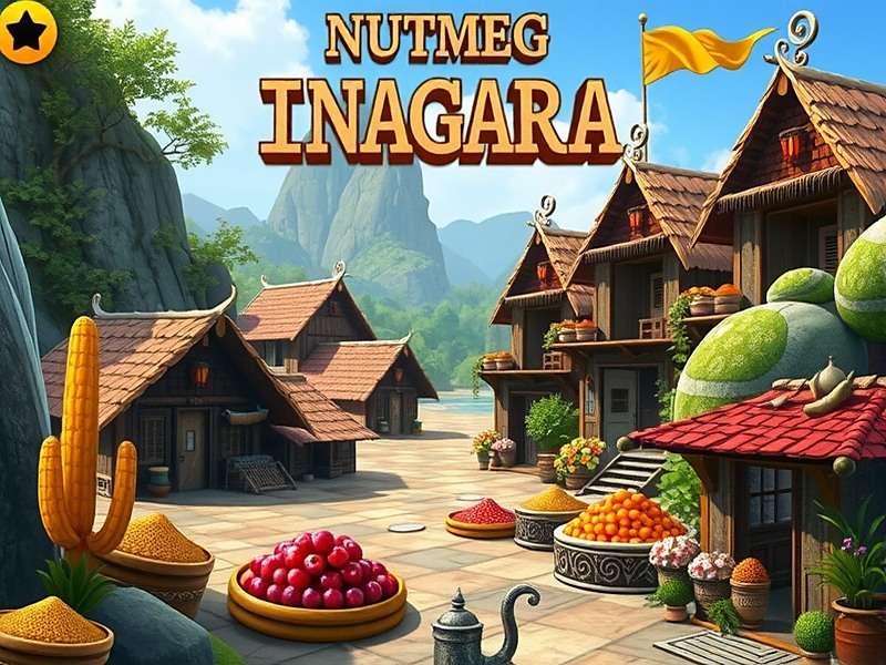 Nutmeg Niagara gameplay showing Indian village scene with spice farms