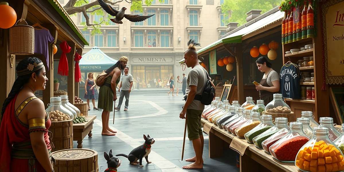 Nutmeg Niagara spice trading market scene with Indian characters